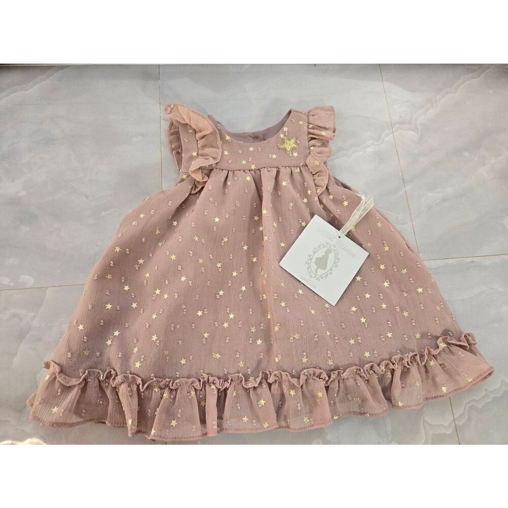 Marmellata Girls Size 3-6 Months Rose & Gold Stars Ruffled Chiffon Overlay Dress